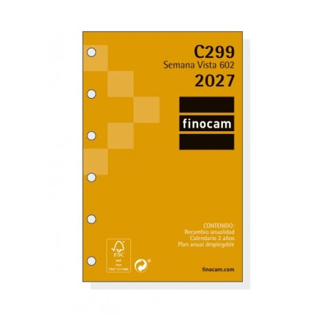 Finocam C299 Recambio para Agenda Classic - Anual 2027 - Semana Vista Horizontal - Formato 602 - 73x114mm - 6 Taladros - Papel de 80g/m2 - Esquinas Microperforadas - Color Blanco