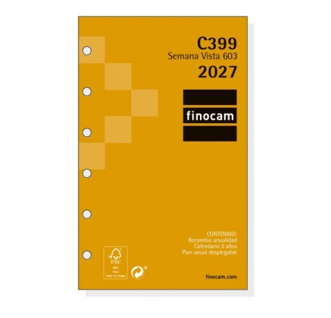 Finocam C399 Recambio para Agenda Classic - Anual 2027 - Semana Vista Horizontal - Formato 603 - 79x127mm - 6 Taladros - Papel de 80g/m2 - Esquinas Microperforadas - Color Blanco