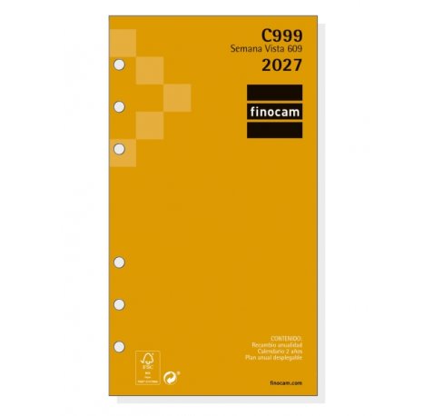 Finocam C999 Recambio para Agenda Classic - Anual 2027 - Semana Vista Horizontal - Formato 609 - 94x171mm - 6 Taladros - Papel de 80g/m2 - Esquinas Microperforadas - Color Blanco