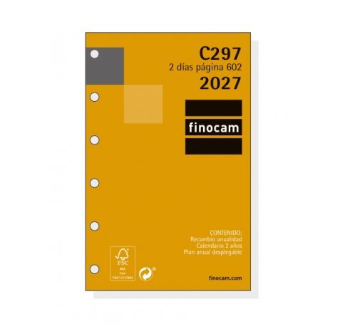 Finocam C297 Recambio para Agenda Classic - Anual 2027 - 2 Dias por Pagina - Formato 602 - 73x114mm - 6 Taladros - Papel de 70g/m2 - Esquinas Microperforadas - Color Blanco