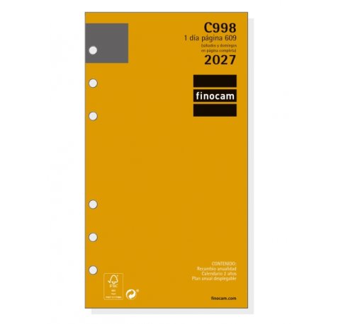 Finocam C998 Recambio para Agenda Classic - Anual 2027 - 1 Dia por Pagina - Formato 609 - 94x171mm - 6 Taladros - Papel de 70g/m2 - Esquinas Microperforadas - Color Blanco