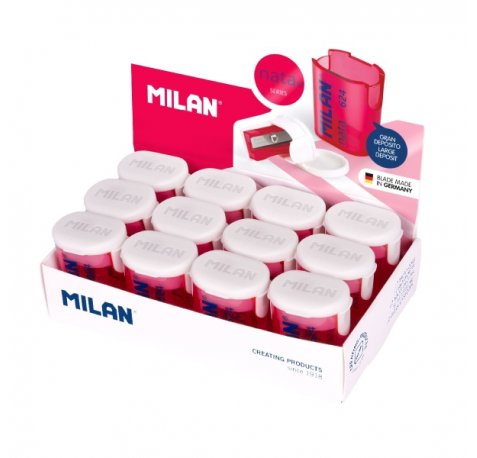 Milan Nata® 624 Expositor de 12 Sacapuntas con Deposito - Cuchilla de Acero - Color Blanco/Rosa