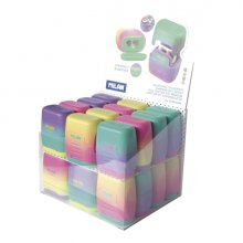 Milan Compact Sunset Expositor con 24 Sacapuntas Dobles - Regular y Maxi - Deposito Integrado - Cuchilla de Acero de Seguridad - Colores Surtidos