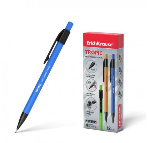 ErichKrause Tropic Portaminas - Boquilla Retractil y Revestimiento Soft Touch - Colores Mate Brillantes - con Borrador y Capuchon - Clip Comodo - Dureza HB - Minas de 0.5mm - Color Negro (12 uds)