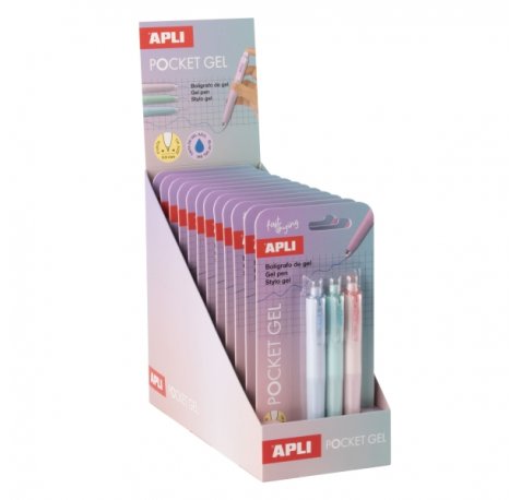 Apli Pocket Gel Expositor con 12 Blisters de 3 Mini Boligrafos de Tinta Gel Retractiles - Tinta Color Azul - Cuerpo de Diferentes Colores Pastel