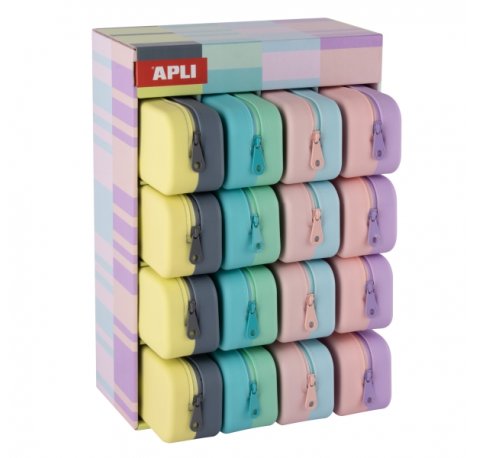 Apli Nordik Bicolor Expositor de 16 Estuches de Silicona Rectangulares Bicolor - Cremallera Repelente al Agua - Medidas 75x185x55mm - Colores Pastel Surtidos