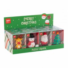 Apli Navidad Expositor con 12 Gomas de Borrar Maxi - 4 DiseÃ±os NavideÃ±os Diferentes - Formato Puzzle -
