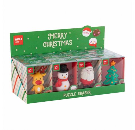 Apli Navidad Expositor con 12 Gomas de Borrar Maxi - 4 DiseÃ±os NavideÃ±os Diferentes - Formato Puzzle -