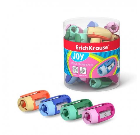 Erichkrause Joy Sacapuntas de Plastico - Colores Brillantes - Clip Comodo - Orificio de 8mm - Cuchilla de Acero al Carbono en Forma de Espiral - Color Surtido (48 uds)