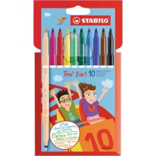 Stabilo Trio 2 en 1 Pack con 10 Rotuladores de Doble Punta - Punta Fina 0,5mm y Punta Ancha 2mm - Tinta Lavable - Zona de Agarre Triangular - Colores Surtidos