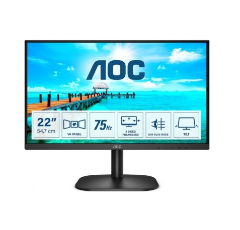 AOC Monitor 21.5" WLED FullHD 75Hz - Angulo de Vision 178° - HDMI, VGA, Audio - Montaje VESA 100x100