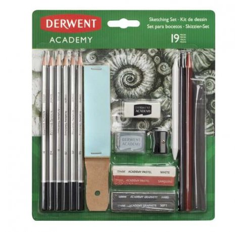 Derwent Academy Sketching Pack de 6 Lapices de Grafito de Durezas Surtidas, 2 Bloques de Grafito, 2 Barras de Dibujo sin Madera, 2 Pasteles (White/Sanguine), 2 Barras de Carbon, 1 Lija, 1 Difumino, 1 Sacapuntas, 1 Goma de borrar y 1 Goma Moldeable