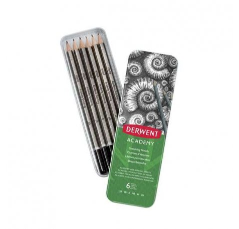 Derwent Academy Sketching Lata de 6 Lapices de Grafito Hexagonales de Durezas Surtidas - Especial para Bocetos - Cuerpos de Madera Natural - Faciles de Afilar - Resistentes a la Rotura