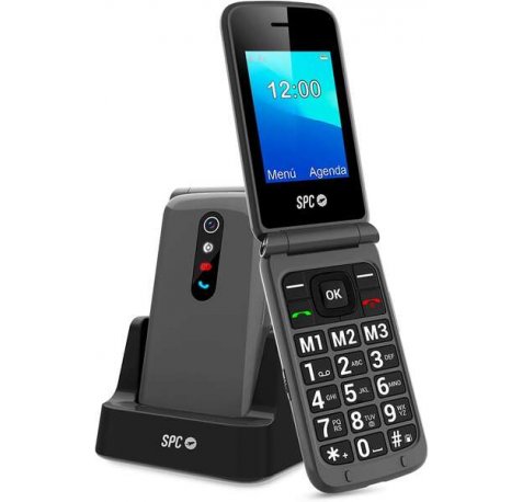 SPC Telefono Movil Boton SOS - de Tapa para Personas Mayores - Boton de Emergencias - Botones y Teclas Grandes - Ayuda Inteligente en Remoto - Acceso Directo a Tres Contactos - Base de Carga y Conector USB Tipo C - Color Titanio