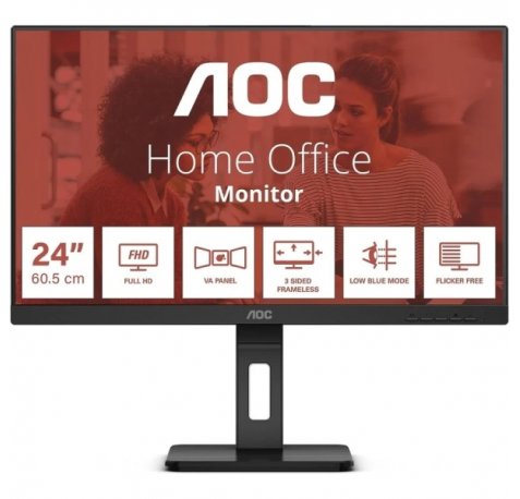 AOC Monitor 24" LED IPS FullHD 1080p 75Hz - Respuesta 4ms - Ajuste de Altura - Angulo de Vision 178° - Altavoces Incorporados - HDMI, VGA, Audio - Montaje VESA 100x100
