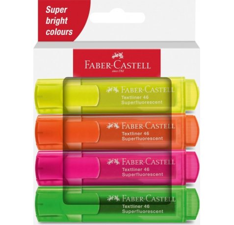 Faber-Castell Textliner 46 Superfluorescente Pack de 4 Marcadores Fluorescentes - Punta Biselada - Trazo entre 1mm y 5mm - Tinta con Base de Agua - Colores Surtidos