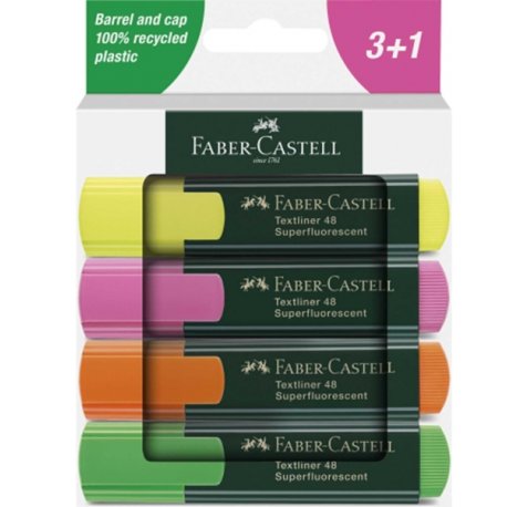 Faber-Castell Textliner 48 Pack de 4 Marcadores Fluorescentes - Punta Biselada - Trazo entre 1.2mm y 5mm - Tinta con Base de Agua - Colores Surtidos