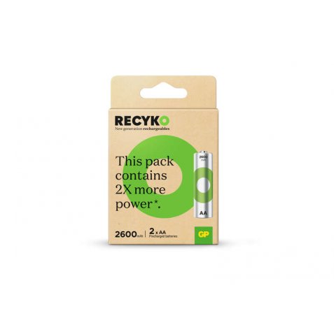 GP ReCyko Pack de 2 Pilas Recargables 2600mAh AA 1.2V - Precargadas - Ciclo de Vida: Hasta 1.000 Veces