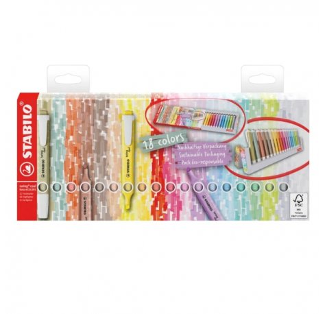 Stabilo Swing Cool Set de Mesa de 18 Marcadores Fluorescentes - Cuerpo Plano - Punta Biselada - Trazo entre 1 y 4mm - Tinta con Base de Agua - Antisecado - Colores Surtidos