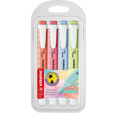 Stabilo Swing Cool Pastel Pack de 4 Marcadores Fluorescentes - Cuerpo Plano - Punta Biselada - Trazo entre 1 y 4mm - Tinta con Base de Agua - Colores Surtidos