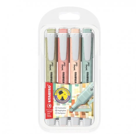 Stabilo Swing Cool Naturecolors Pack de 4 Marcadores Fluorescentes - Cuerpo Plano - Punta Biselada - Trazo entre 1 y 4mm - Tinta con Base de Agua - Antisecado - Colores Surtidos