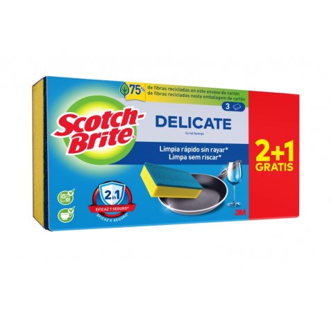 Scotch-Brite Delicate Pack de 3 Estropajos de Cocina - Promocion 2 + 1 Gratis - No Raya - Color Amarillo