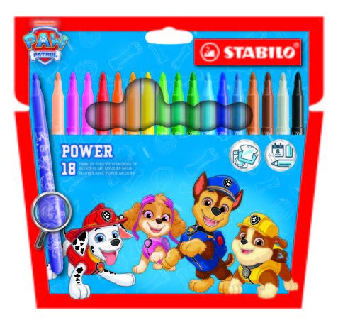 Stabilo Power Patrulla Canina Pack con 18 Rotuladores con DiseÃ±os de la Patrulla Canina - Punta Media de 2mm - Tinta Lavable - Capuchon Ventilado - Colores Surtidos
