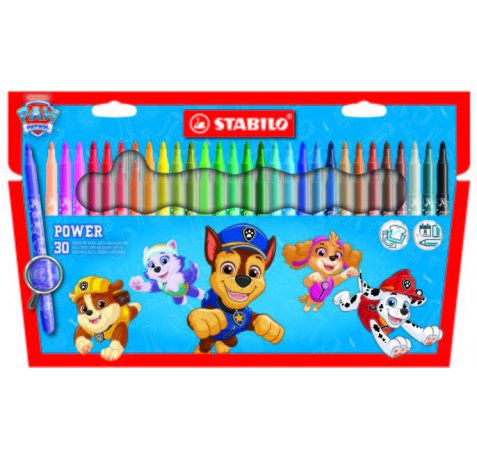 Stabilo Power Patrulla Canina Pack con 30 Rotuladores con DiseÃ±os de la Patrulla Canina - Punta Media de 2mm - Tinta Lavable - Capuchon Ventilado - Colores Surtidos