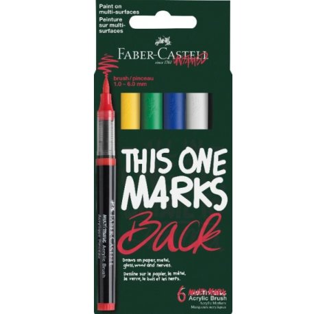 Faber-Castell Multimark Acrylic Brush Pack con 6 Rotuladores Acrilicos Punta Pincel - Trazo de 1 a 6mm - Tinta Acrilica a Base de Agua - Colores Basicos Surtidos