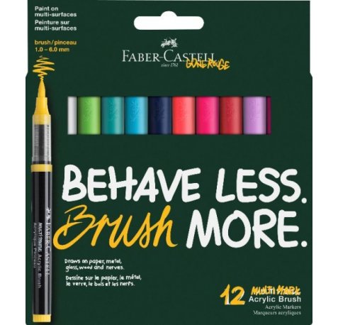 Faber-Castell Multimark Acrylic Brush Dopamin Pack con 12 Rotuladores Acrilicos Punta Pincel - Trazo de 1 a 6mm - Tinta Acrilica a Base de Agua - Colores Surtidos