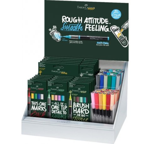 Faber-Castell Multimark Acrylic Brush Expositor con 25 Packs Surtidos de Rotuladores Acrilicos Punta Pincel + 70 Unidades Sueltas  - Trazo de 1 a 6mm - Tinta Acrilica a Base de Agua - Colores Surtidos