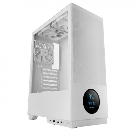 Tacens Sagitta20 Torre ATX - Pantalla de Monitoreo Integrado - 3 Ventiladores de 120mm - Ventana de Cristal Tempado - Malla Antipolvo Frontal - Color Blanco