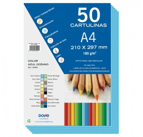 Dohe Pack de 50 Cartulinas A4 180 g/m² - Aptas para Impresion - PH Neutro - Libres de Cloro Elemental - Color Azul Oceano