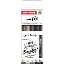 Uni-ball Uni Pin Lettering Pack de 5 Rotuladores Calibrados 0.8, y Brush - Punta Poliacetal - Tinta Pigmentada Resistente al Agua y Luz - Colores Negro, Gris y Sepia