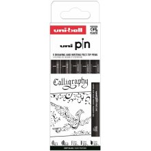 Uni-ball Uni Pin Caligrafia Pack de 5 Rotuladores Calibrados 0.1, 0.5, Chisel 1.0, Chisel 2.0 y Chisel 3.0 - Tinta Pigmentada Resistente al Agua y Luz - Ideal para Dibujo Profesional y Escritura - Color Negro