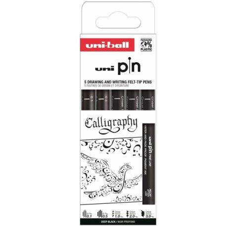 Uni-ball Uni Pin Caligrafia Pack de 5 Rotuladores Calibrados 0.1, 0.5, Chisel 1.0, Chisel 2.0 y Chisel 3.0 - Tinta Pigmentada Resistente al Agua y Luz - Ideal para Dibujo Profesional y Escritura - Color Negro
