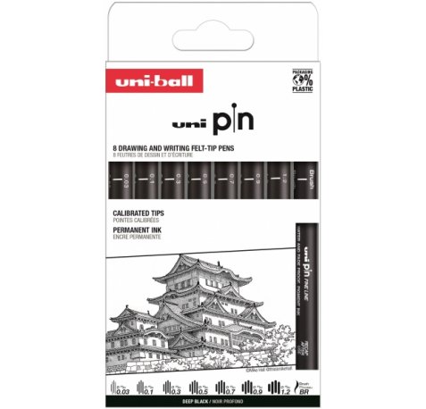Uni-ball Uni Pin Clasico I Pack de 8 Rotuladores Calibrados 0.03, 0.1, 0.3, 0.5, 0.7, 0.9, 1.2 y Brush - Punta Poliacetal - Tinta Pigmentada Resistente al Agua y Luz - Color Negro