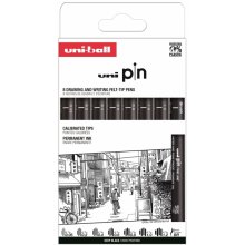 Uni-ball Uni Pin Clasico II Pack de 8 Rotuladores Calibrados 0.05, 0.2, 0.4, 0.6, 0.8, 1.0, 1.2 y Brush - Punta Poliacetal - Tinta Pigmentada Resistente al Agua y Luz - Color Negro