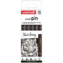 Uni-ball Uni Pin Sketching Pack de 5 Rotuladores Calibrados 0.4, 0.9, 1.2, Brush y EFB - Punta Poliacetal - Tinta Pigmentada Resistente al Agua y Luz - Color Negro
