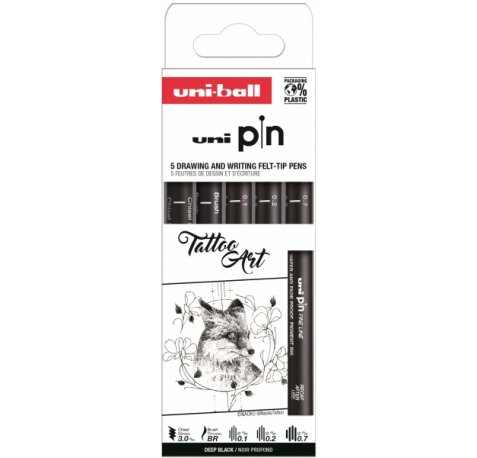 Uni-ball Uni Pin Tattoo Art Pack de 5 Rotuladores Calibrados 0.1, 0.2, 0.7, 1.0, Brush y Chisel 3.0 - Punta Poliacetal - Tinta Pigmentada Resistente al Agua y Luz - Color Negro