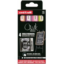 Uni-ball Chalk PWE-5M Pack de 4 Marcadores de Tiza Liquida - Punta Conica 1.8-2.5mm - Borrado en Humedo - Resistente a la Lluvia - Ideal para Pizarras y Vidrio - Colores Violeta, Amarillo, Naranja y Rosa