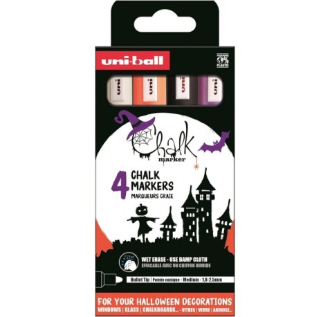 Uni-ball Chalk Colores Halloween Pack de 4 Marcadores de Tiza Liquida - Punta Conica 1.8-2.5mm - Borrado en Humedo - Resistente a la Lluvia - Colores Surtidos