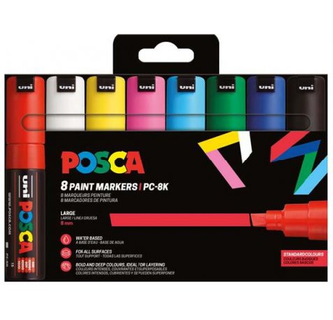 Posca PC-8K/8C Estuche de 8 Marcadores de Pintura - Punta Biselada Acrilica 8mm - Tinta Base al Agua - Resistente a la Luz - Color Surtido