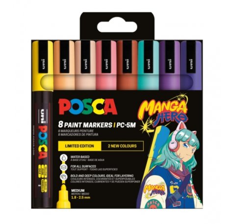 Posca Manga Hero Edicion Limitada PC-5M Pack con 8 Marcadores de Pintura - Punta de Bala 1.8-2.5mm - Tinta Base al Agua - Resistente a la Luz - No Permanente - Colores Pastel Surtidos
