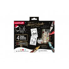 Uni-ball Chalk Colores Navidad Pack de 4 Marcadores de Tiza Liquida + Posters - Punta Conica 1.8-2.5mm - Borrado en Humedo - Resistente a la Lluvia - Colores Surtidos