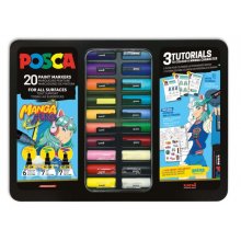 Posca Manga Hero Maleta Metalica con 20 Marcadores de Pintura + 3 Tutoriales - Surtido en Color y Trazo - Punta de Poliester - Tinta Pigmentada Base Agua - Resistente a la Luz - Colores Surtidos