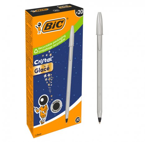 Bic Cristal Glace Boligrafo de Bola - Cuerpo Opaco en Color Plata Mate - Punta Redonda de 1mm - Trazo 0.4mm - Tinta con Base de Aceite - Color de la Tinta Negro (20 uds)