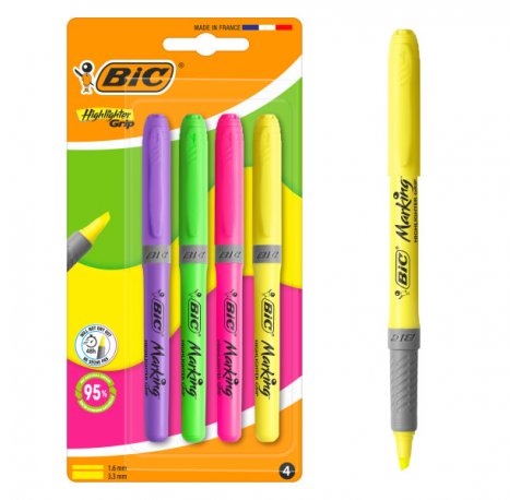 Bic Highlighter Grip Pack con 4 Marcadores Fluorescentes - Punta Biselada - Trazo entre 1.60 y 3.30 mm - Grip Texturizado - Colores Surtidos