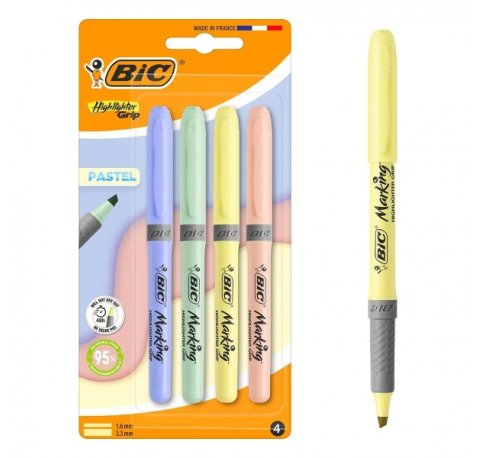 Bic Highlighter Grip Pack con 4 Marcadores Fluorescentes Pastel - Punta Biselada - Trazo entre 1.60 y 3.30 mm - Grip Texturizado - Colores Surtidos