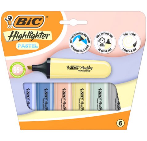 Bic Marking Highlighter Flat Pastel Mineral Pack de 6 Marcadores Fluorescentes - Punta Biselada - Trazo entre 1.20 y 4.60 mm - Tinta con Base de Agua - Colores Pastel Mineral Surtidos